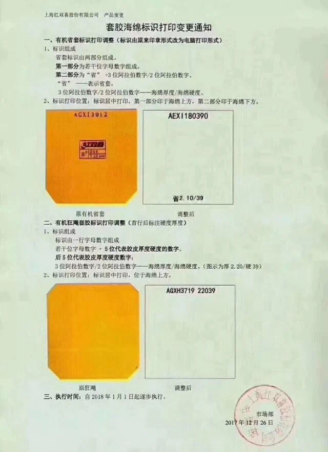 DHS红双喜乒乓套胶海绵标识变更通知
